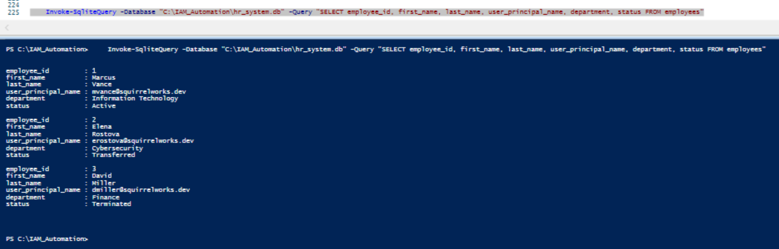 PowerShell console executing Invoke-SqliteQuery against hr_system.db